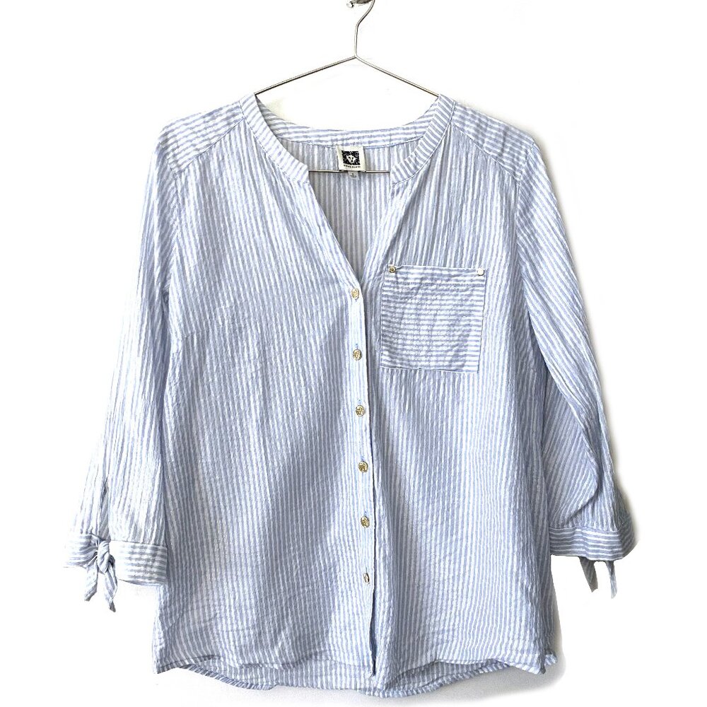 Anne Klein Womens Blue & White Striped Button Up Tie Cuffs 3/4 sleeve Shirt, S